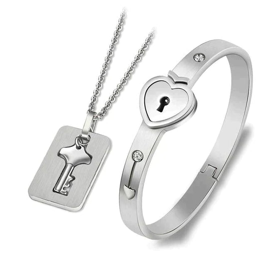 "Couple's Heart Lock Bracelet & Key Necklace Jewelry Set – Unlock Love!"